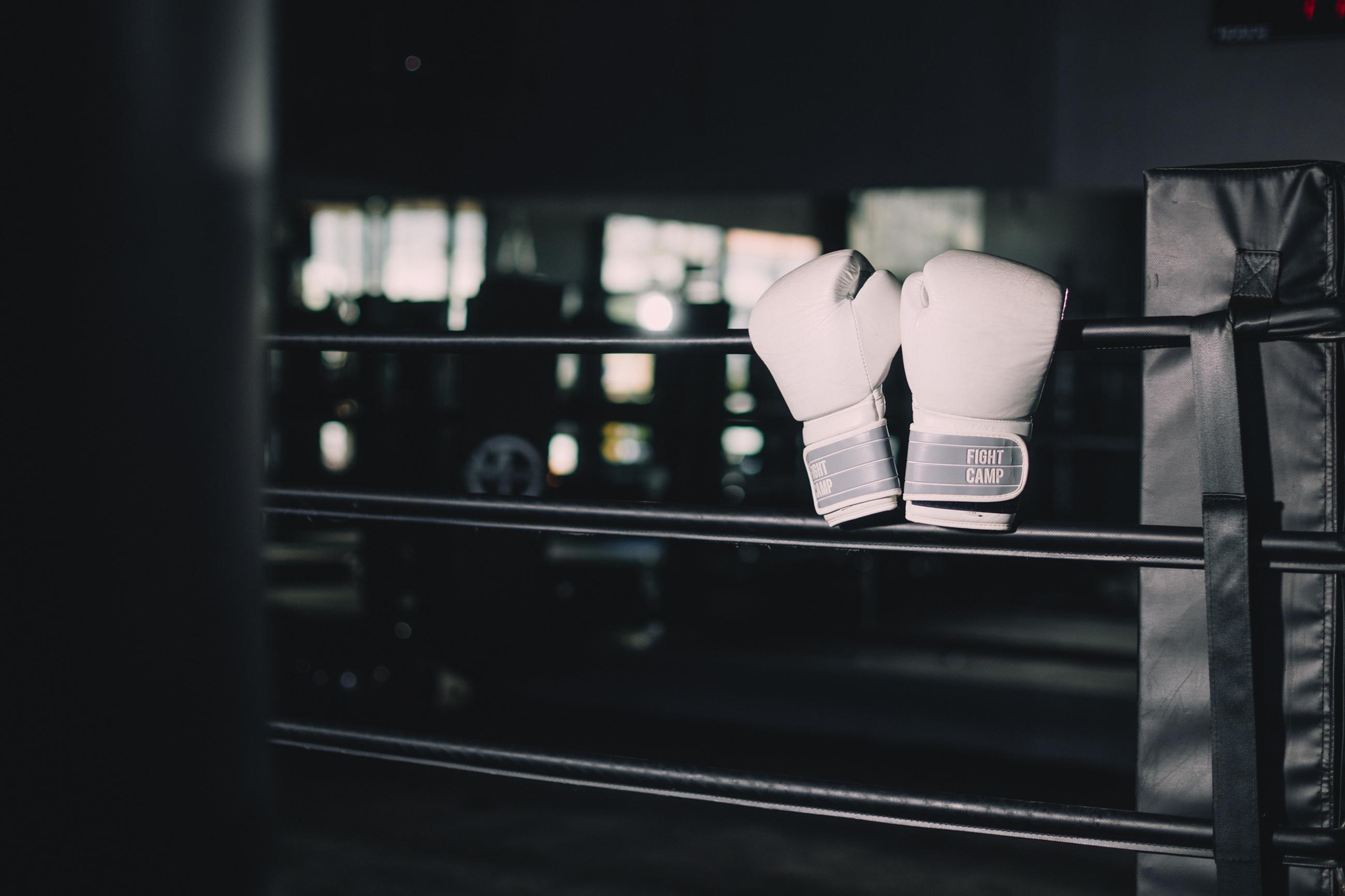 White boxing gloves labeled "Fight Camp" hang on a dimly lit boxing ring rope in a gym.