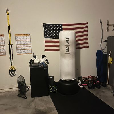 FightCamp bag in home gym with other workout equipment