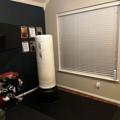FightCamp bag set up in room with TV