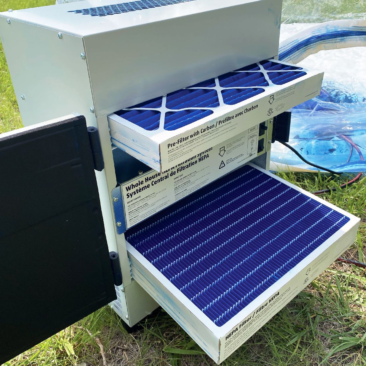 An open PHS300 with blue filters from after the smoke test