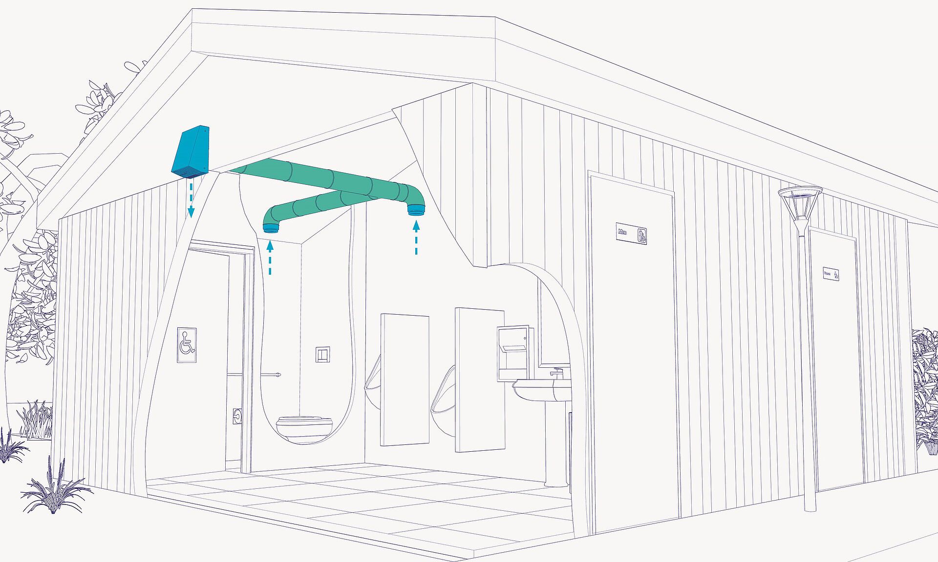 line drawing of a park bathroom with fantech products