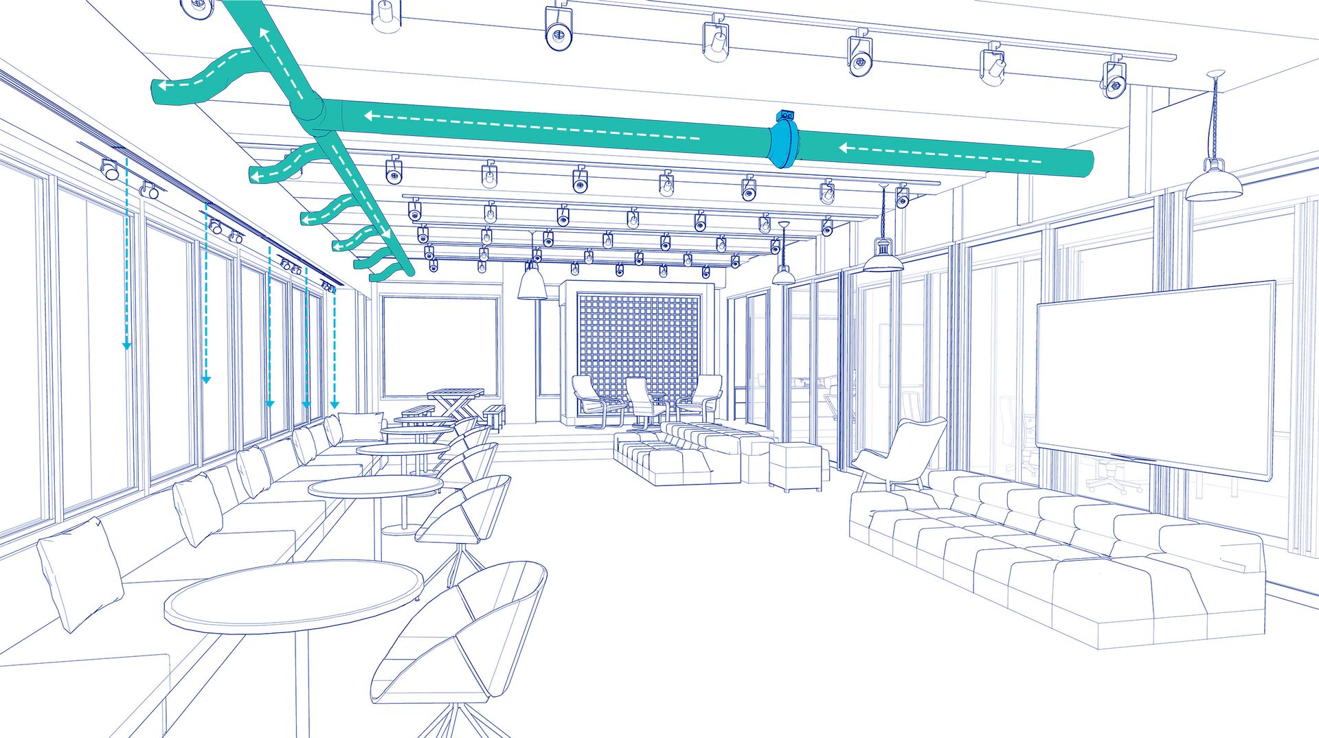Line drawing of a conference room with an FG6 fan