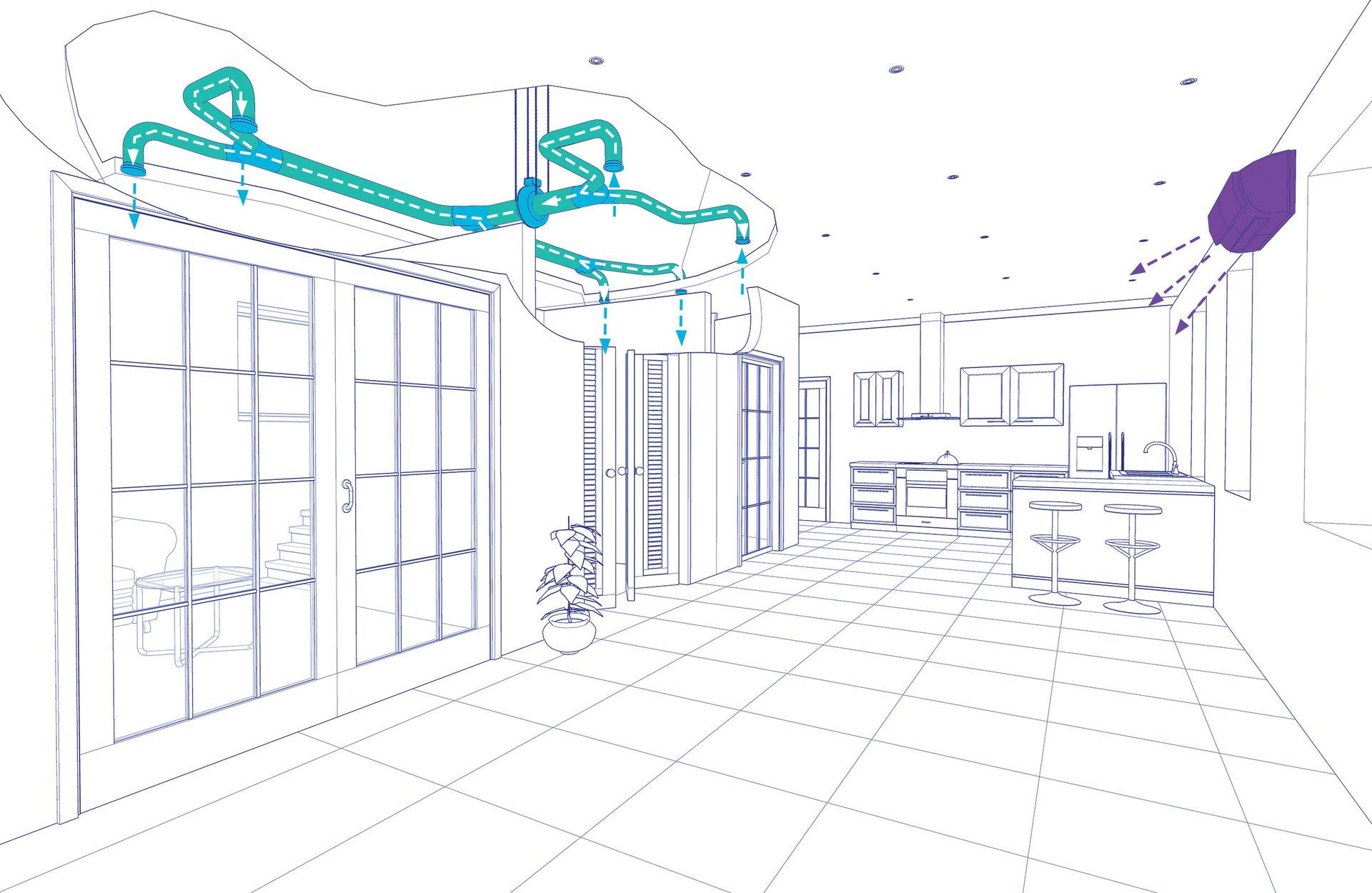Line drawing of rooms in home with an FG6, MGE6, MGS4, and FY644