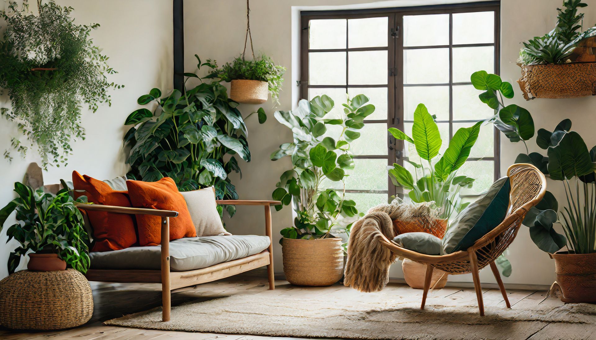 A simple living room with a couch and chair near a window and lots of plants