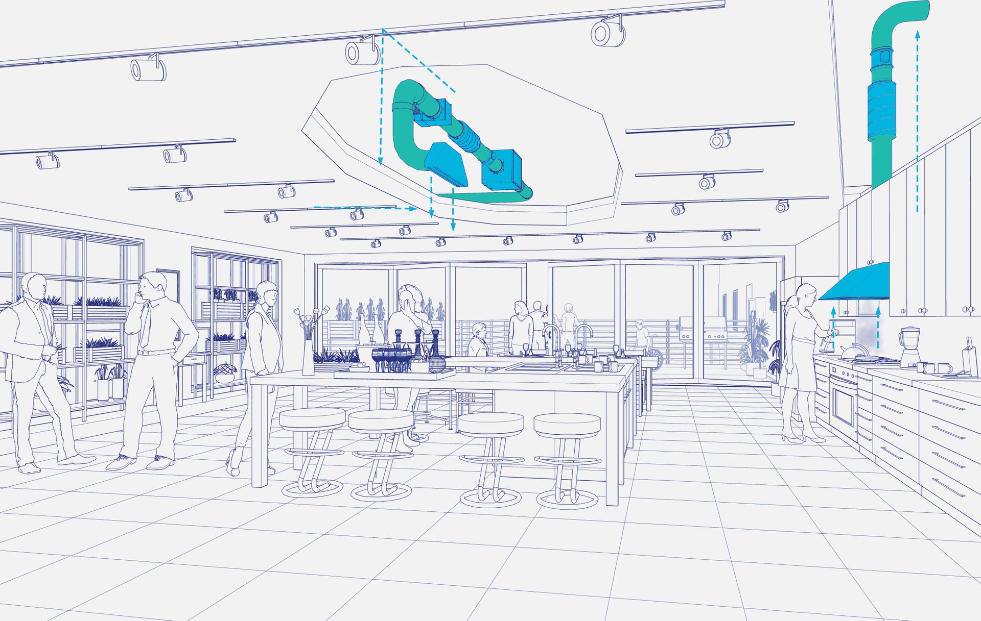Blue line drawing of a community kitchen