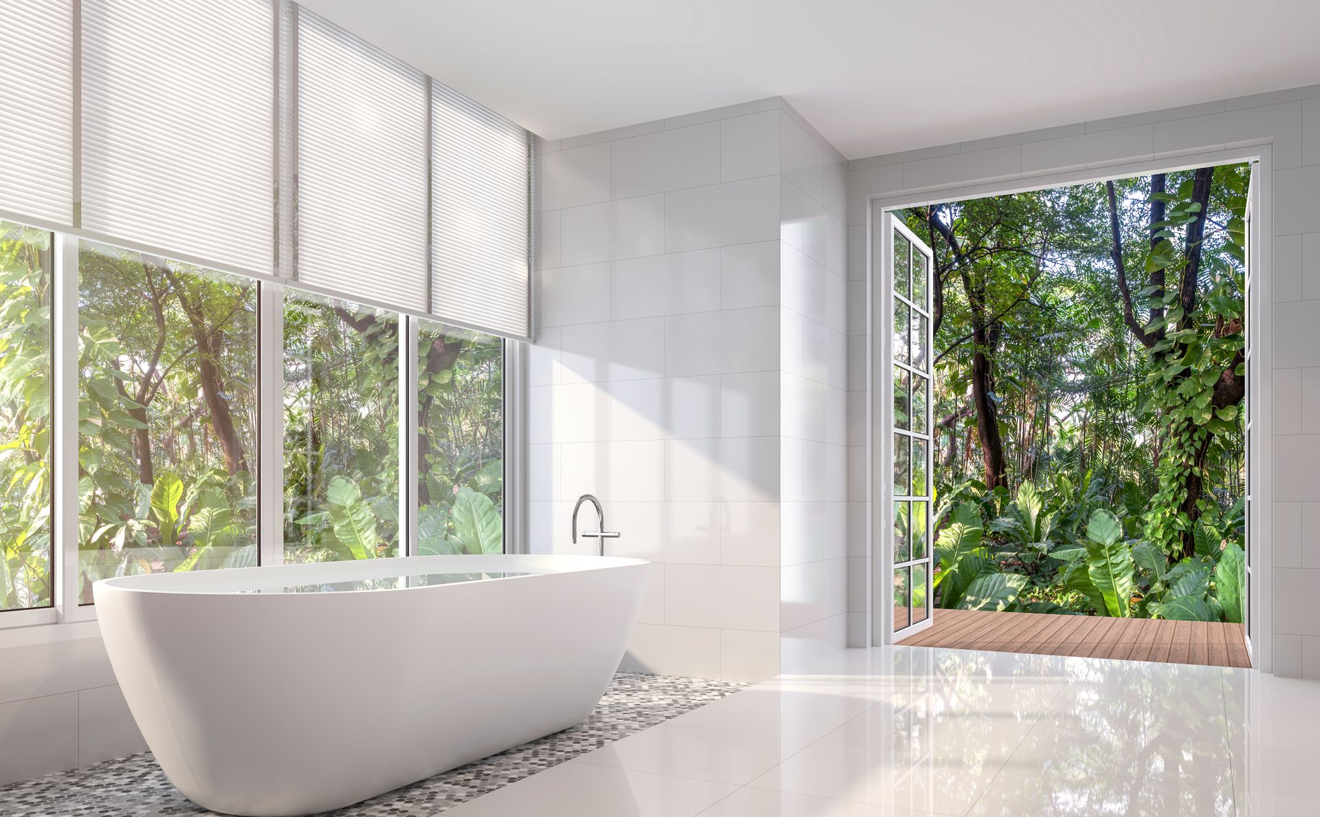 Image a white airy bathroom with a bathtub and an open balcony and lots of trees