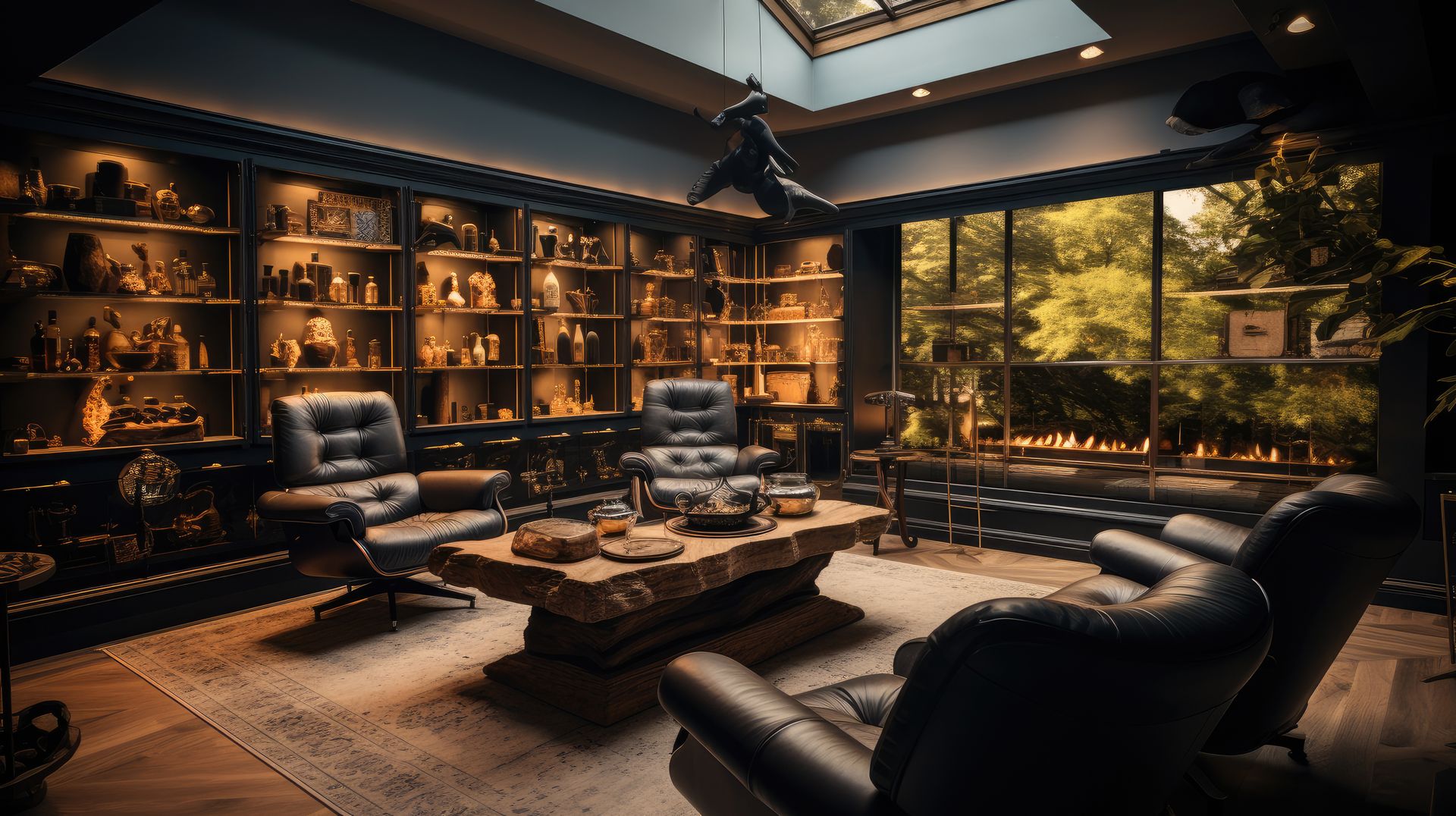 A luxury residential study, big enough to be a living room shown with a electrical fireplace, a coffee table, furniture, book shelves filled with books and tchotchkes