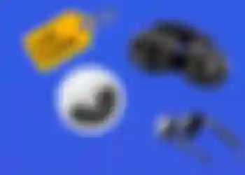 Three tech items on a blue background with a gift guide logo