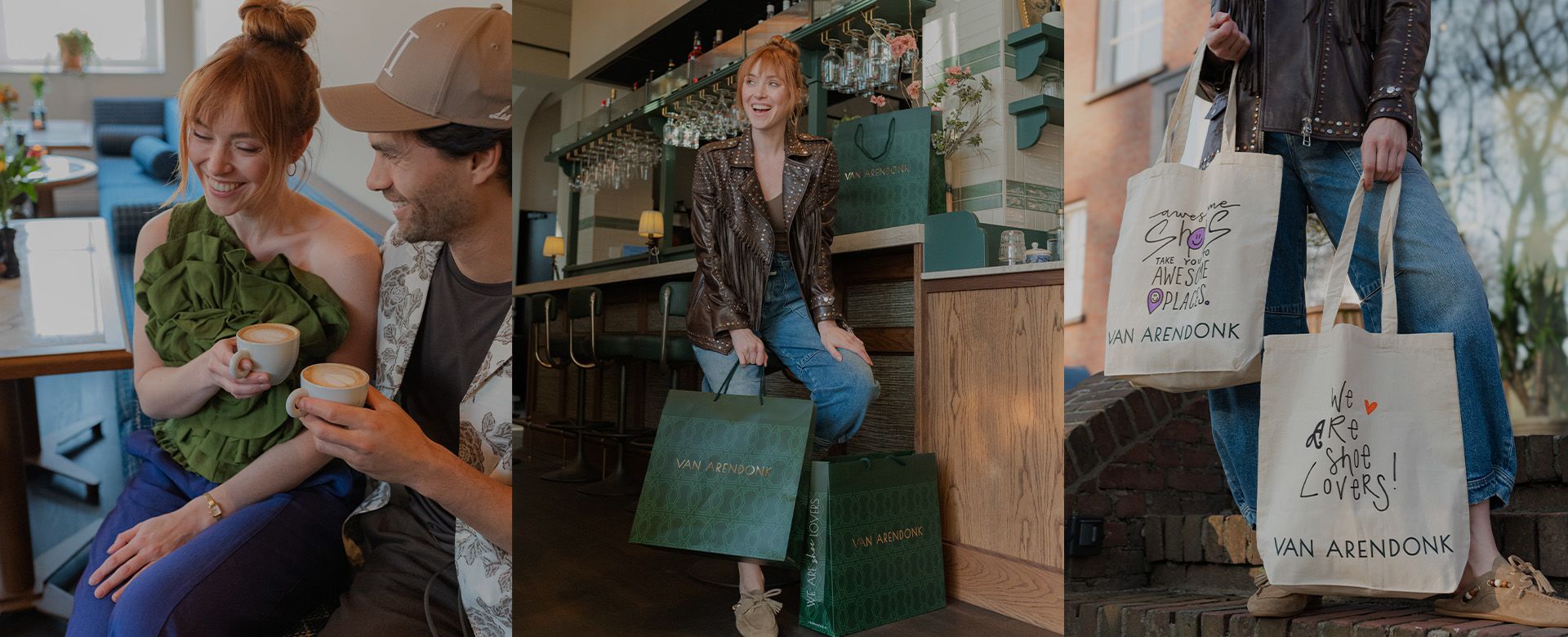 A woman and man enjoy coffee, and she holds tote bags and retail shopping bags from Van Arendonk in a stylish setting.