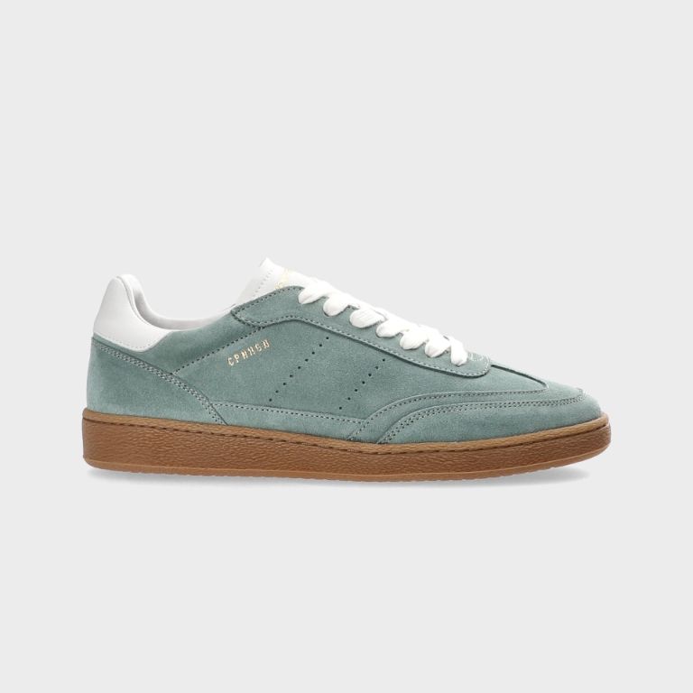 Mintgroene herensneakers met bruine zool en witte veters in zaalvoetbalschoen-style