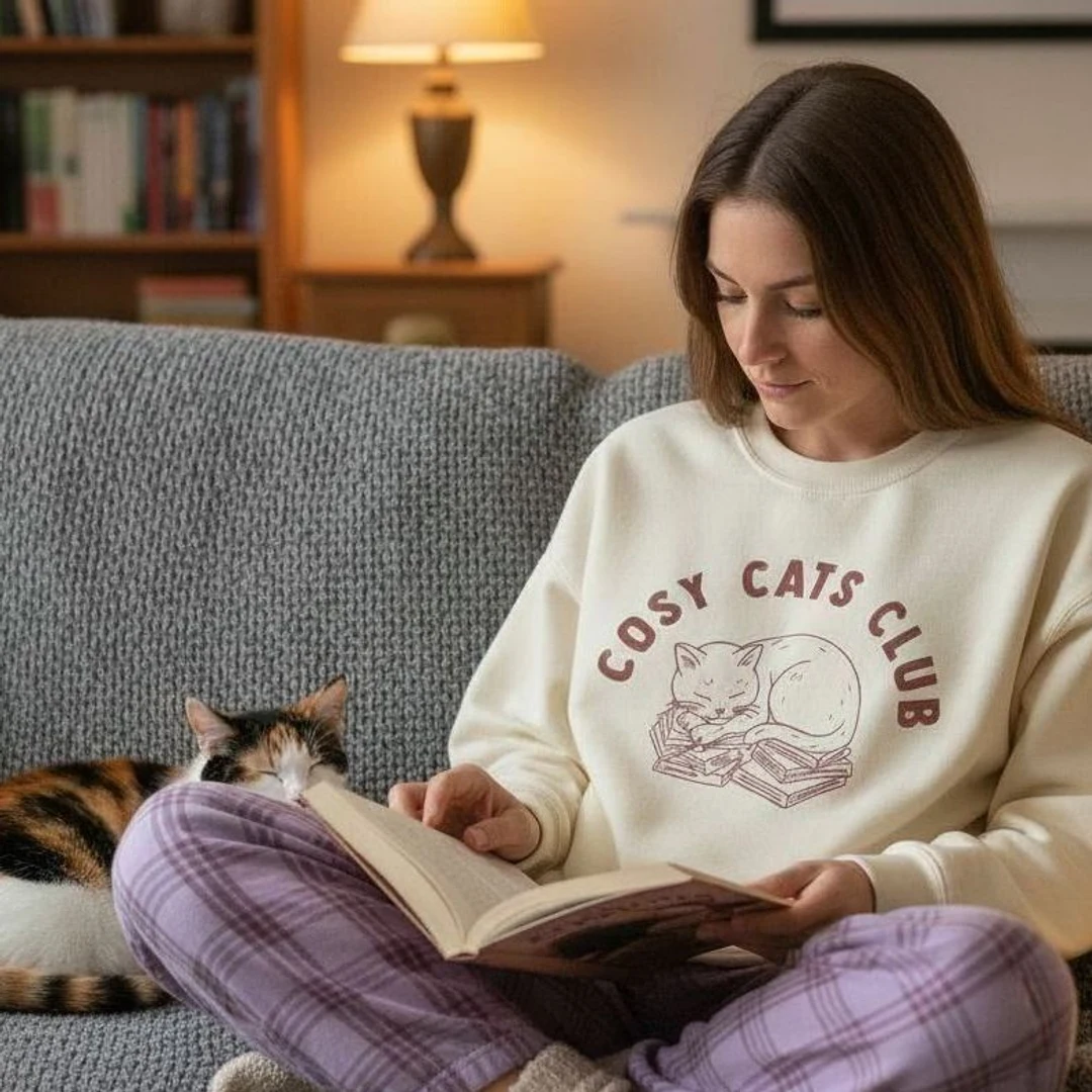 A woman reads a book while her cat rests near her, the woman is wearing a Cosy Cats Club sweatshirt