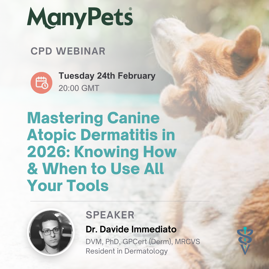 Webinar ad for "Mastering Canine Atopic Dermatitis in 2026" with speaker Dr. Davide Immediato, featuring a relaxed dog.