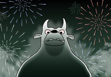 A scary fireworks monster stands in the sky