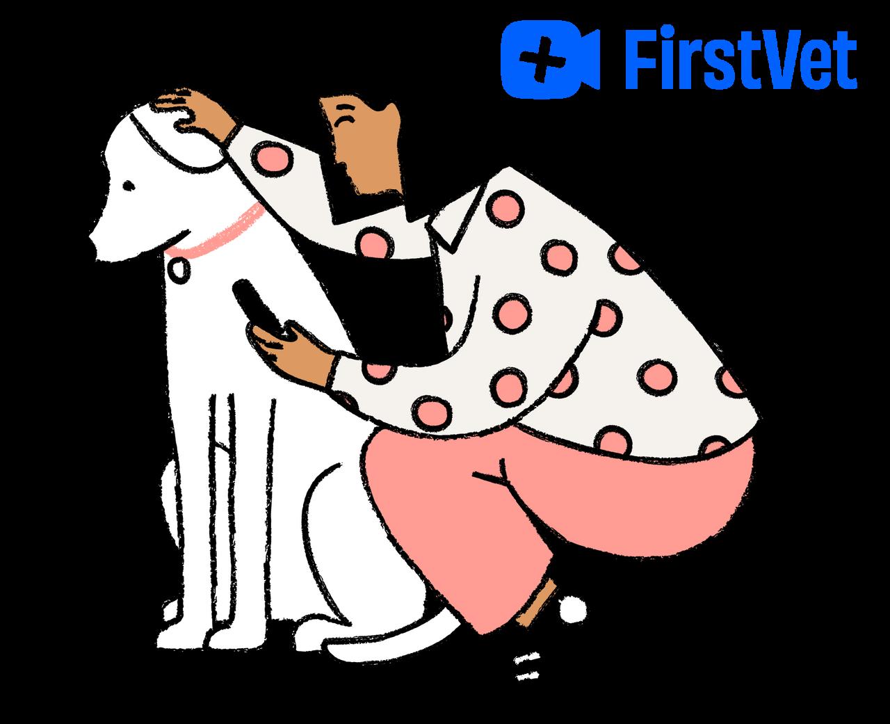 Illustration, Woman crouching down with a phone in her hand. She is petting her dog who is sitting and looking down. They're sharing a moment.