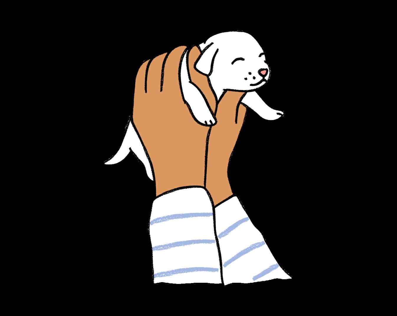 Drawing of hands holding up a puppy