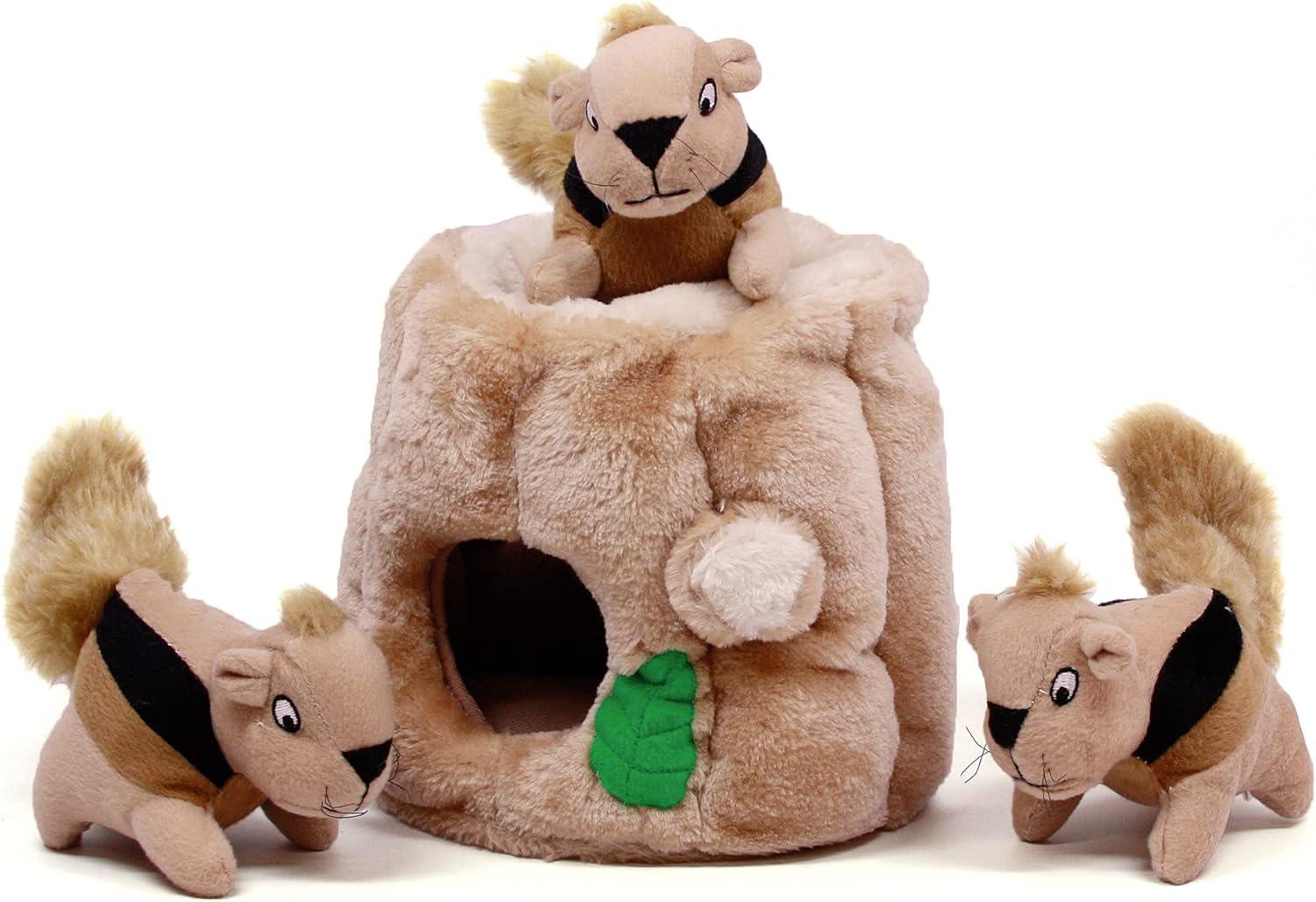 Image of a dog squirrel plush toy featuring a plush log and three squirrels