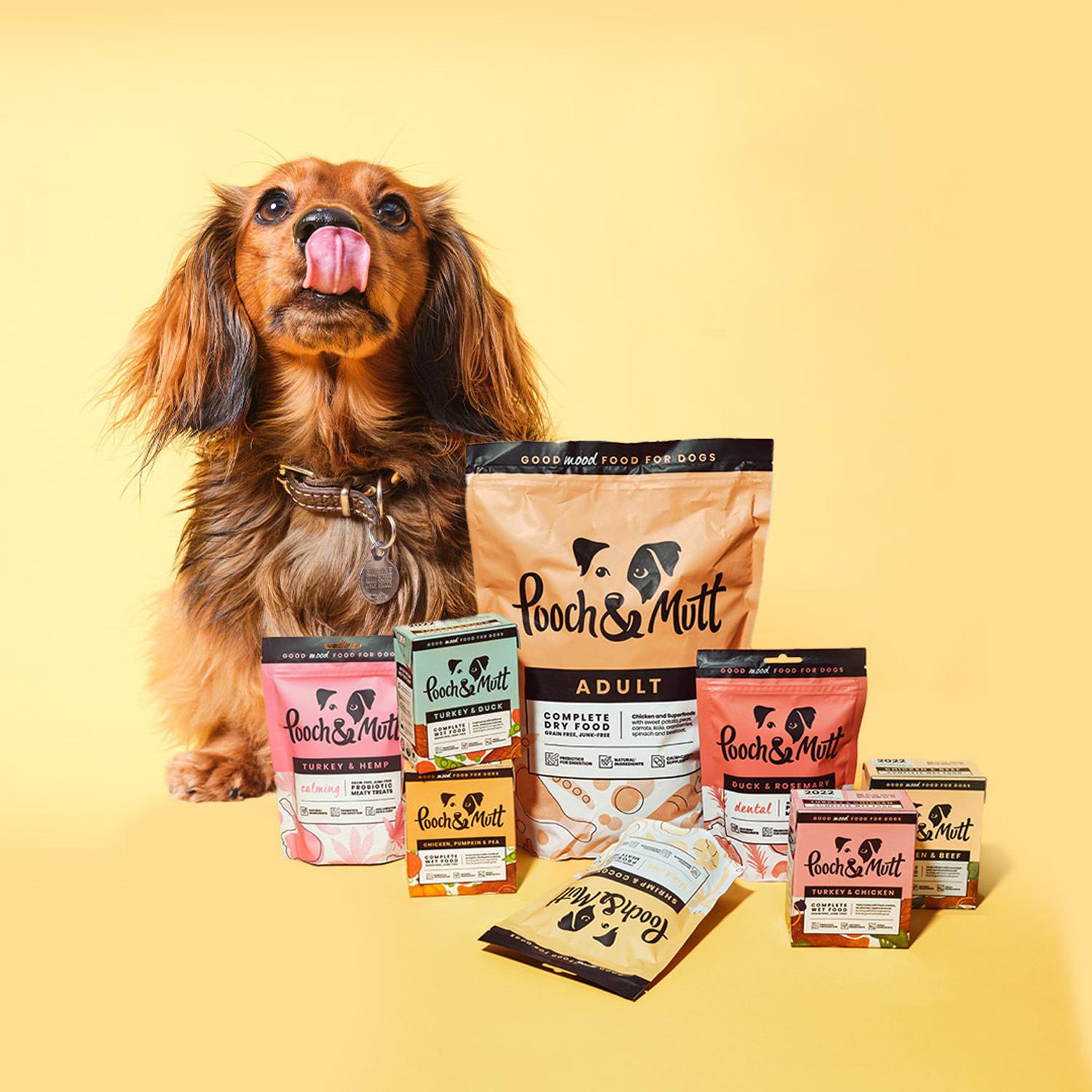 A long-haired dog sits with various Pooch &amp; Mutt pet food packages on a yellow background.
