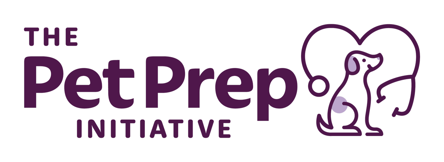 Logo of The Pet Prep Initiative features a stylized dog sitting beside outline shapes, all in purple.