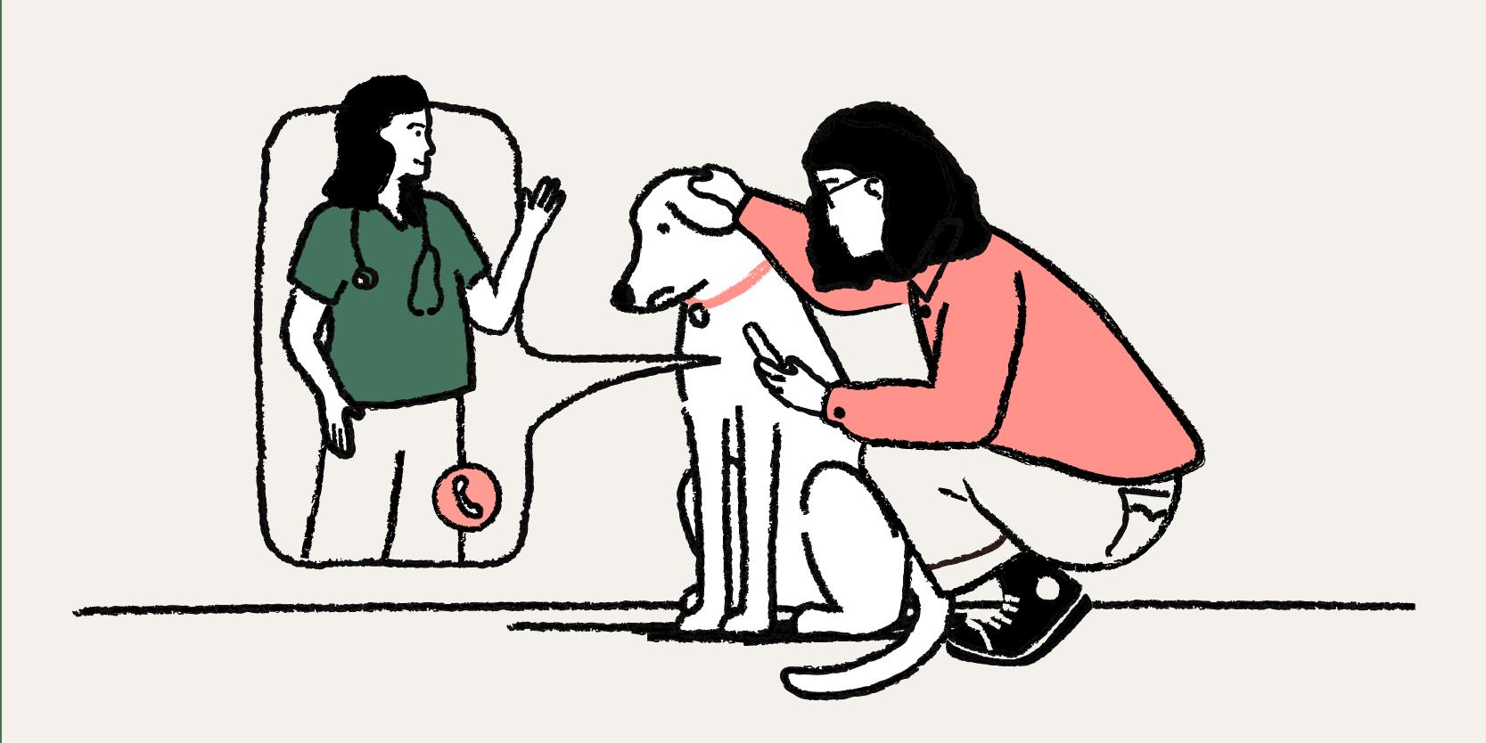 Woman dialing a Vet with her dog