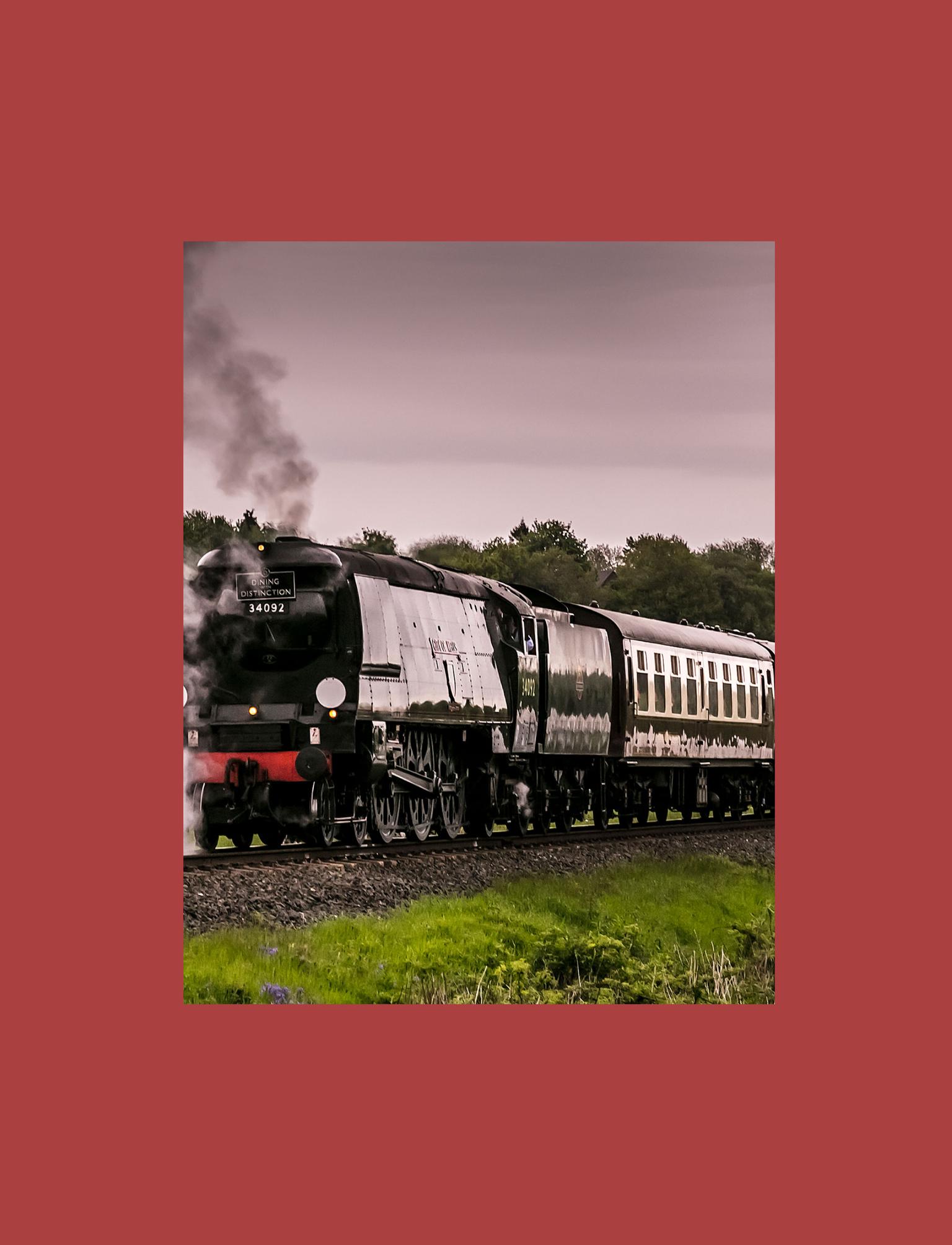 A vintage steam locomotive moves along the tracks, emitting a cloud of steam against a lush, tree-lined background.