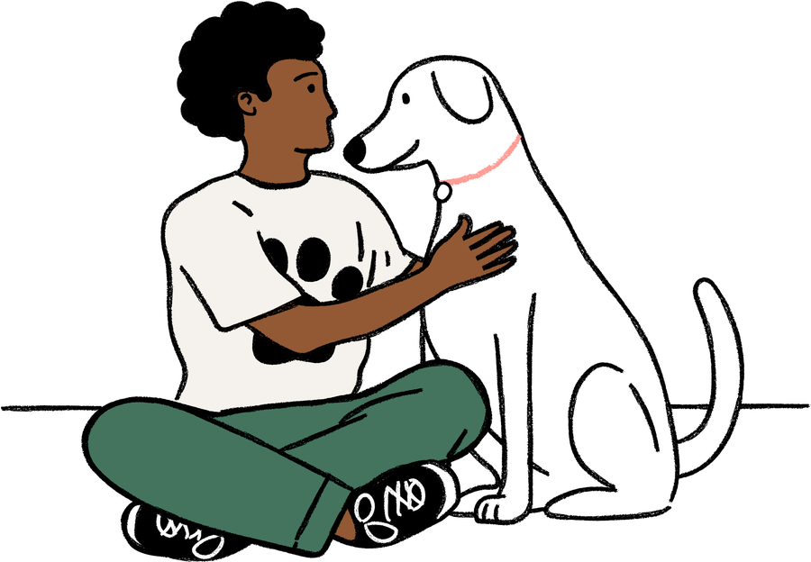 Illustration of a person sitting cross-legged, wearing a paw-print shirt, petting a white dog that's sitting beside them.