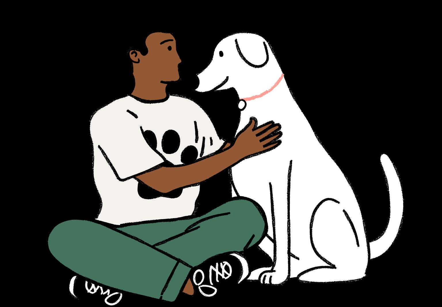 An illustraition of a man sitting with a dog