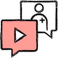 Two speech bubbles, one with a play symbol and the other with a vet