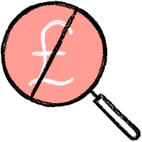 A magnifying glass with a dollar sign in it that is crossed out