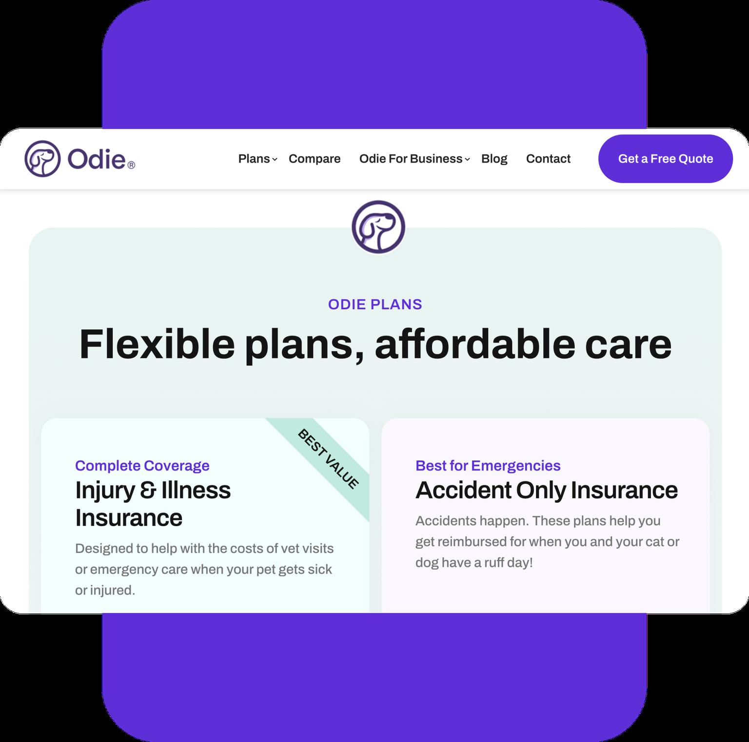 Image of Odie pet insurance homepage
