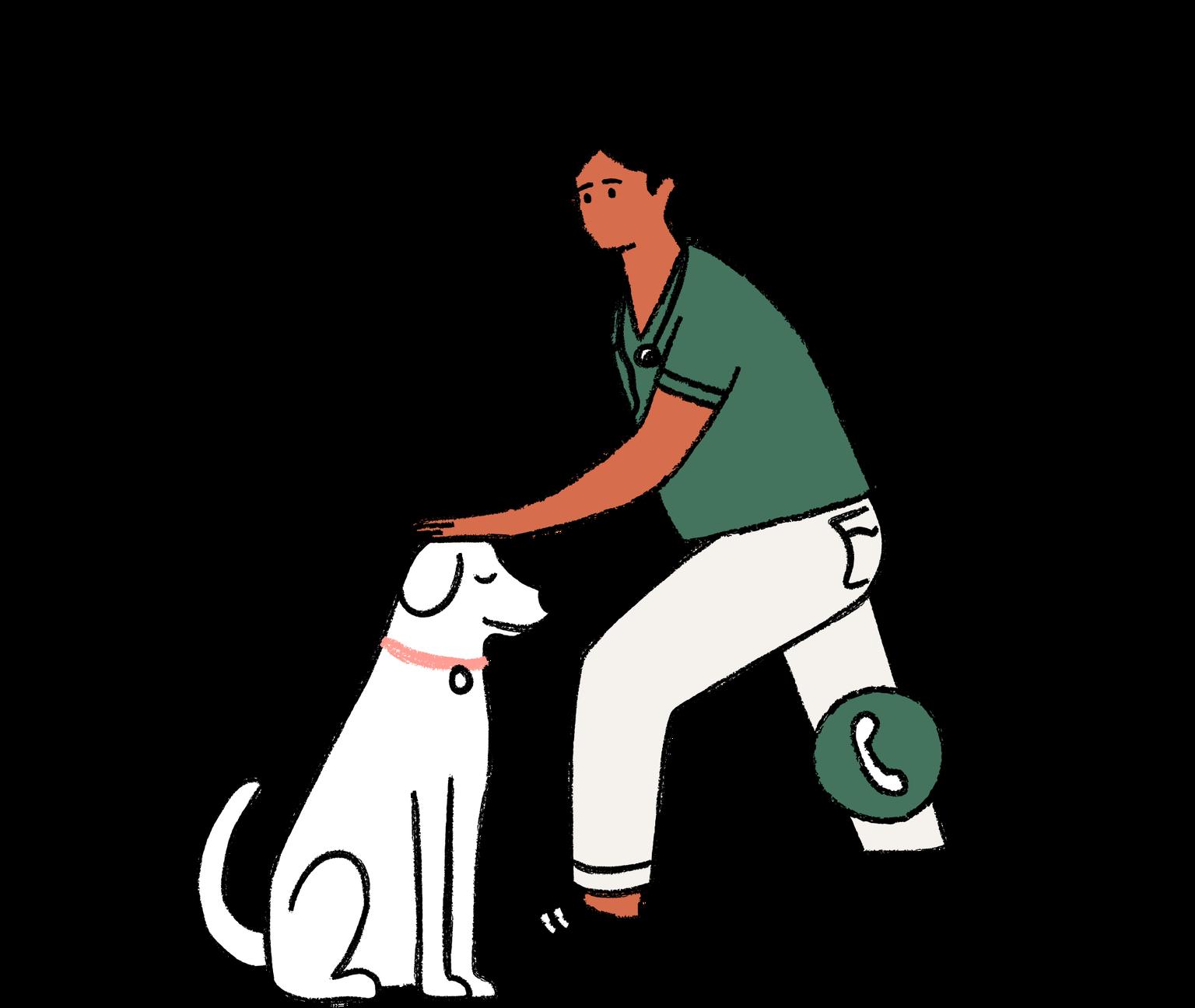 A vet walking out of a phone to pet a dog