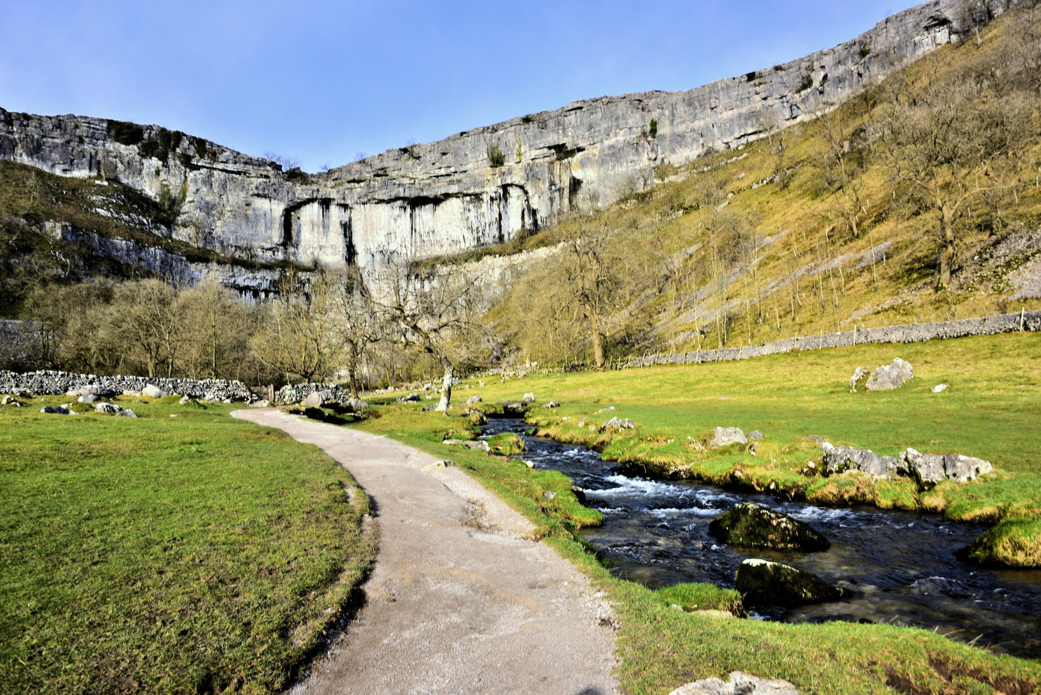 Image of a path leading up to Malham Cove near the river