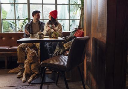 A couple enjoy a conversation in a pub or cafe with their Golden Retriever, who sits at their feet under the table and looks up at them