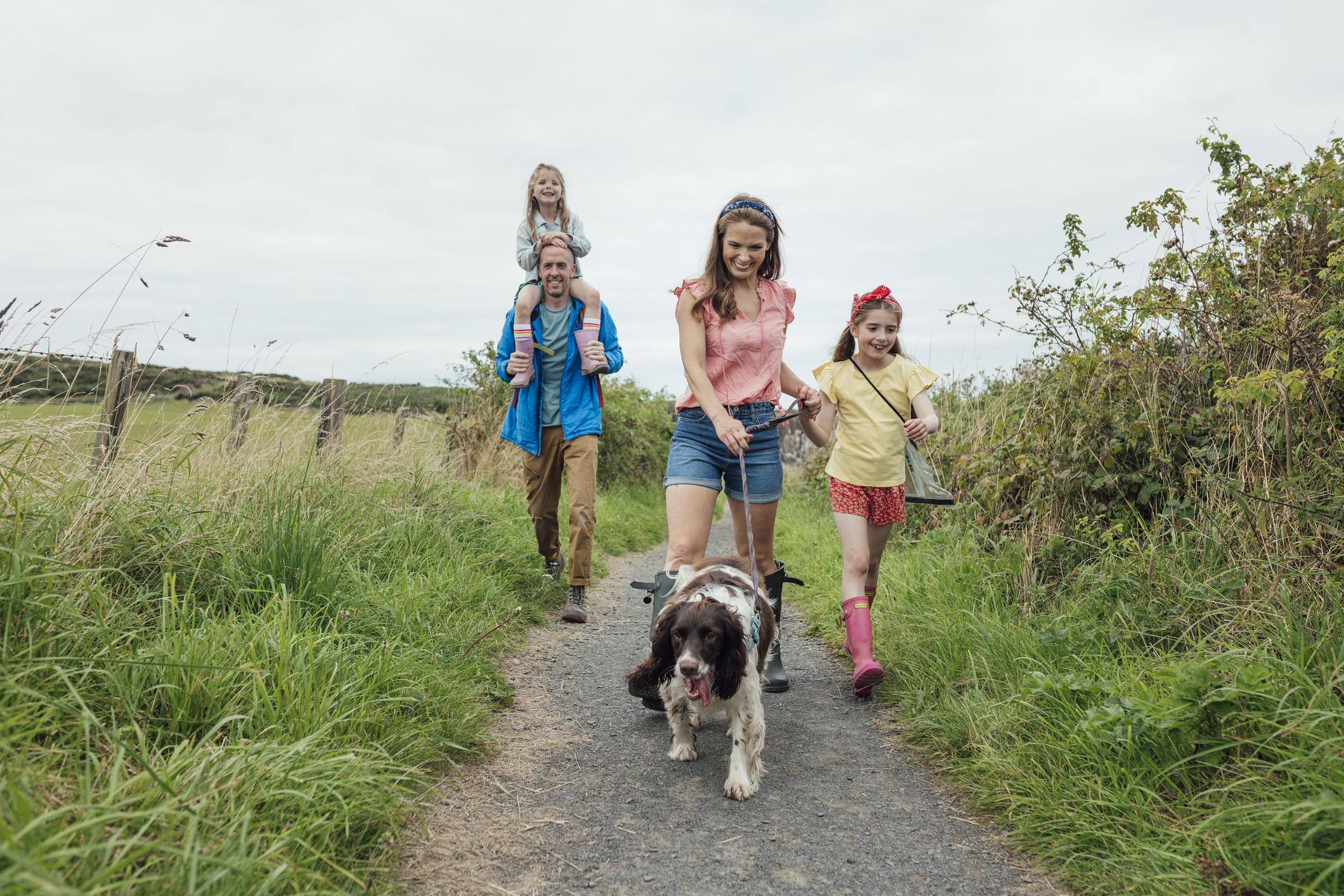 A family of four and a dog walk on a country path. The father carries a child on his shoulders. The mother and another child walk beside.