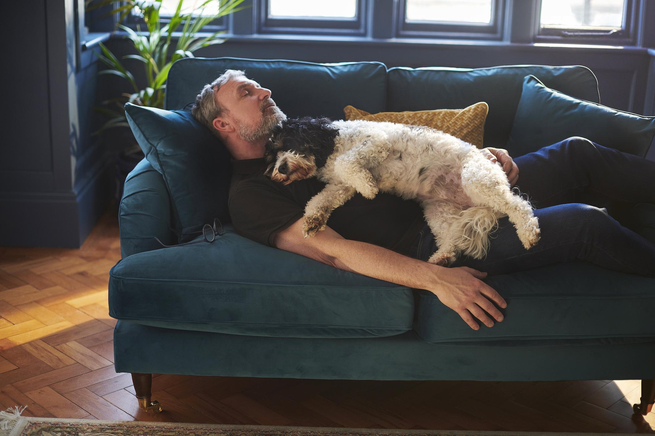 A man sleeps on a green couch with their dog on their chest