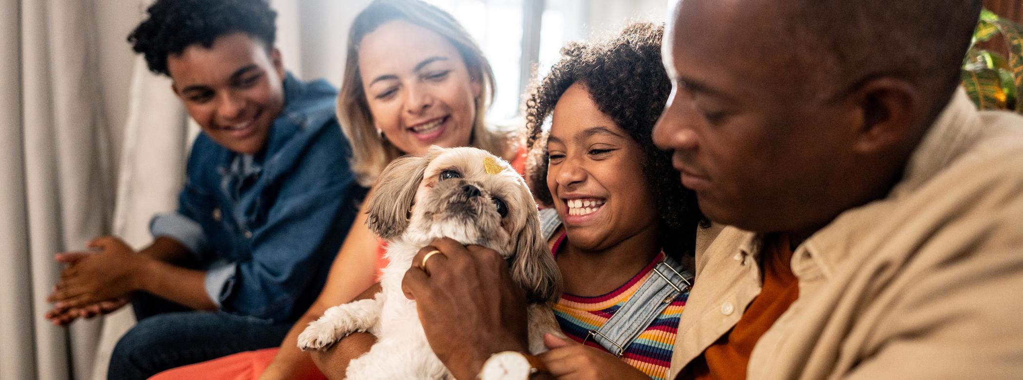 A family of four sits on a couch, smiling and playing with a small dog.