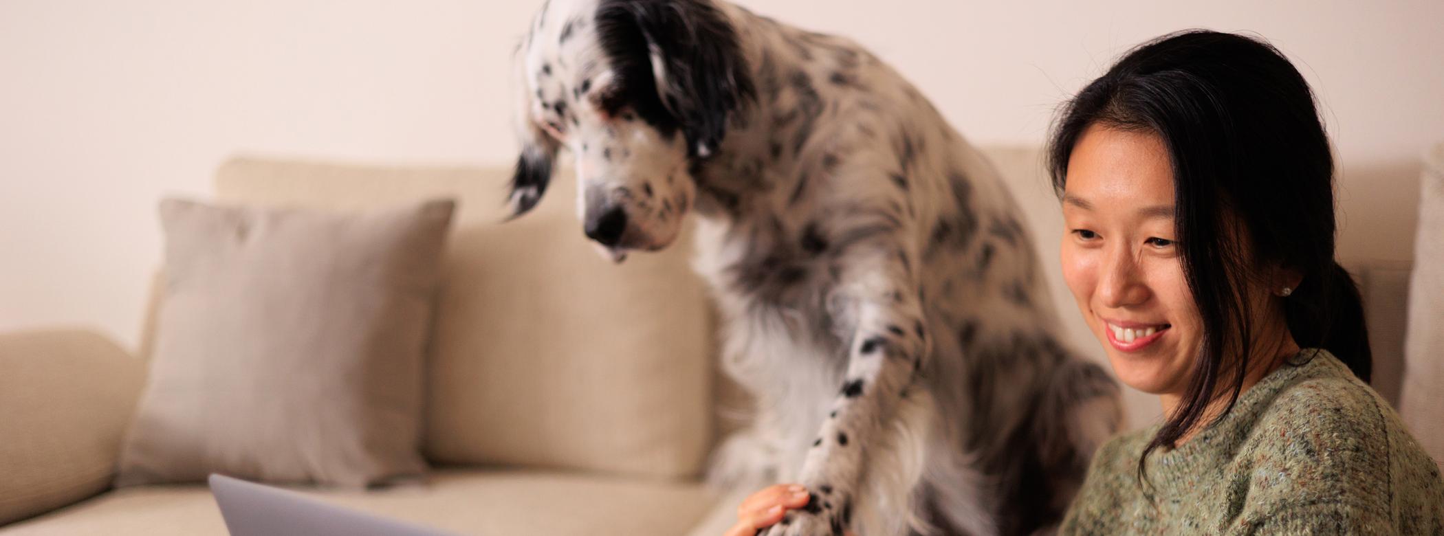 A woman shows off her black-and-white dog on her laptop camera, she is holding the dog's paw