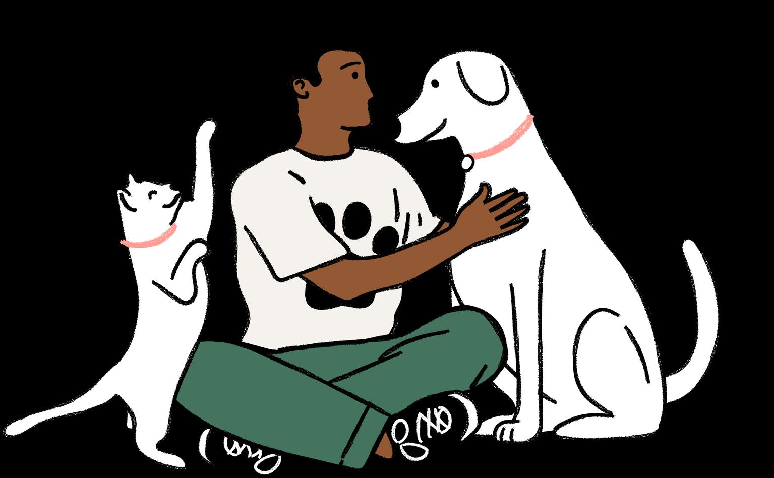 Drawing of a man sitting with a dog and cat