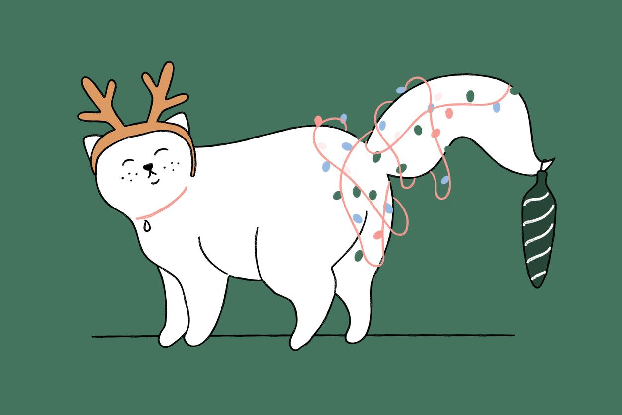Drawing of a cat tangled in Christmas decorations