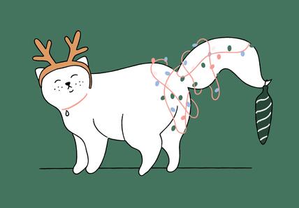 Drawing of a cat tangled in Christmas decorations
