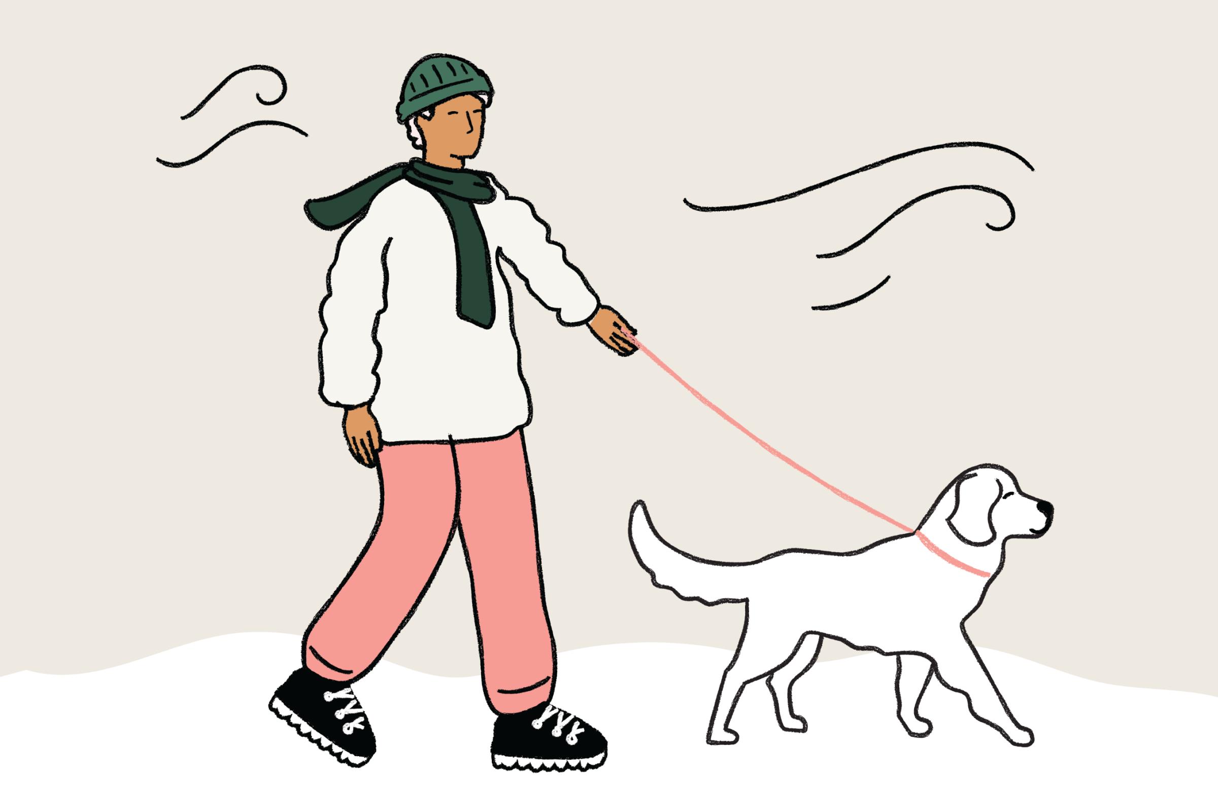Drawing of a man walking his dog in winter