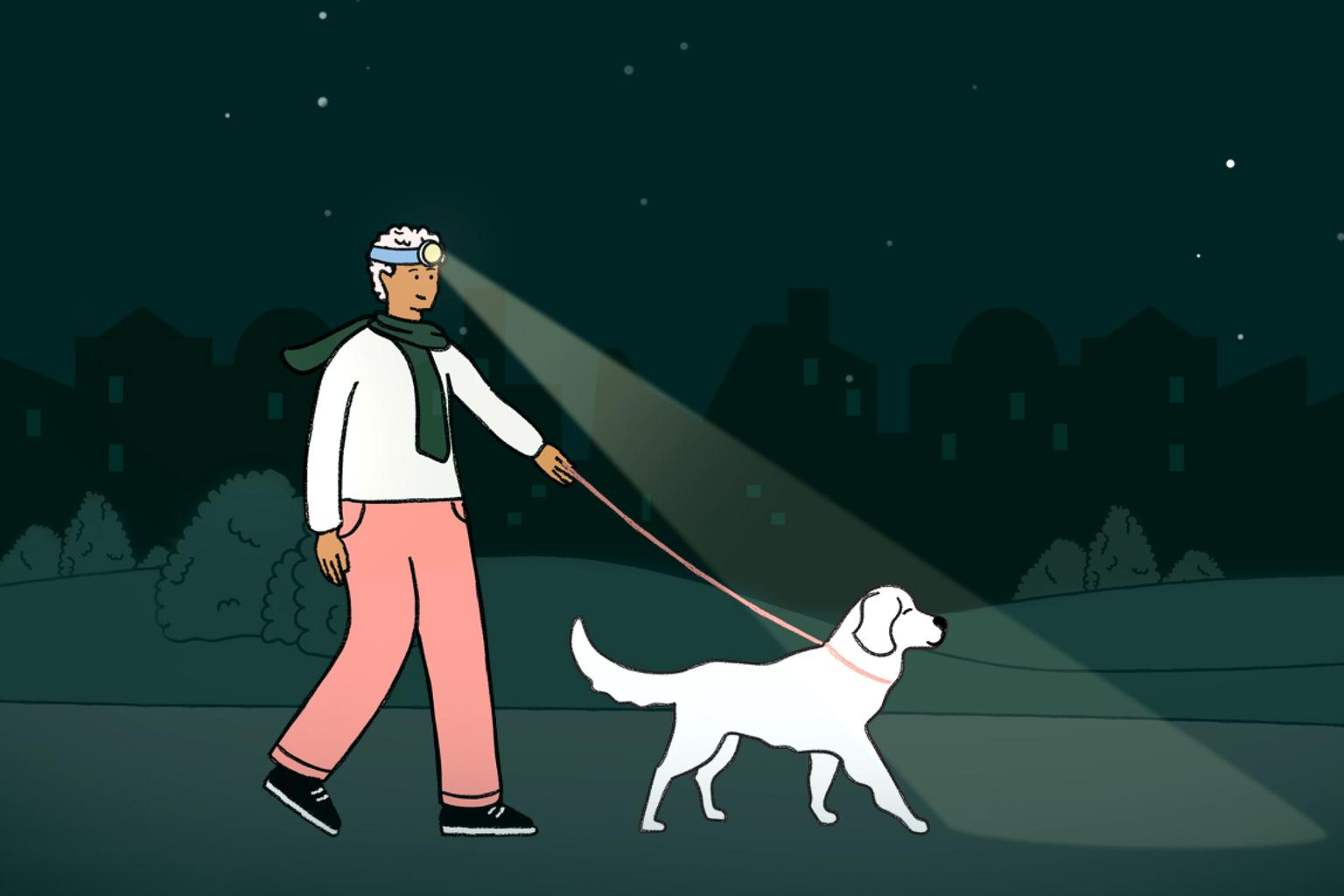 Man walking a dog at night wearing headlamp