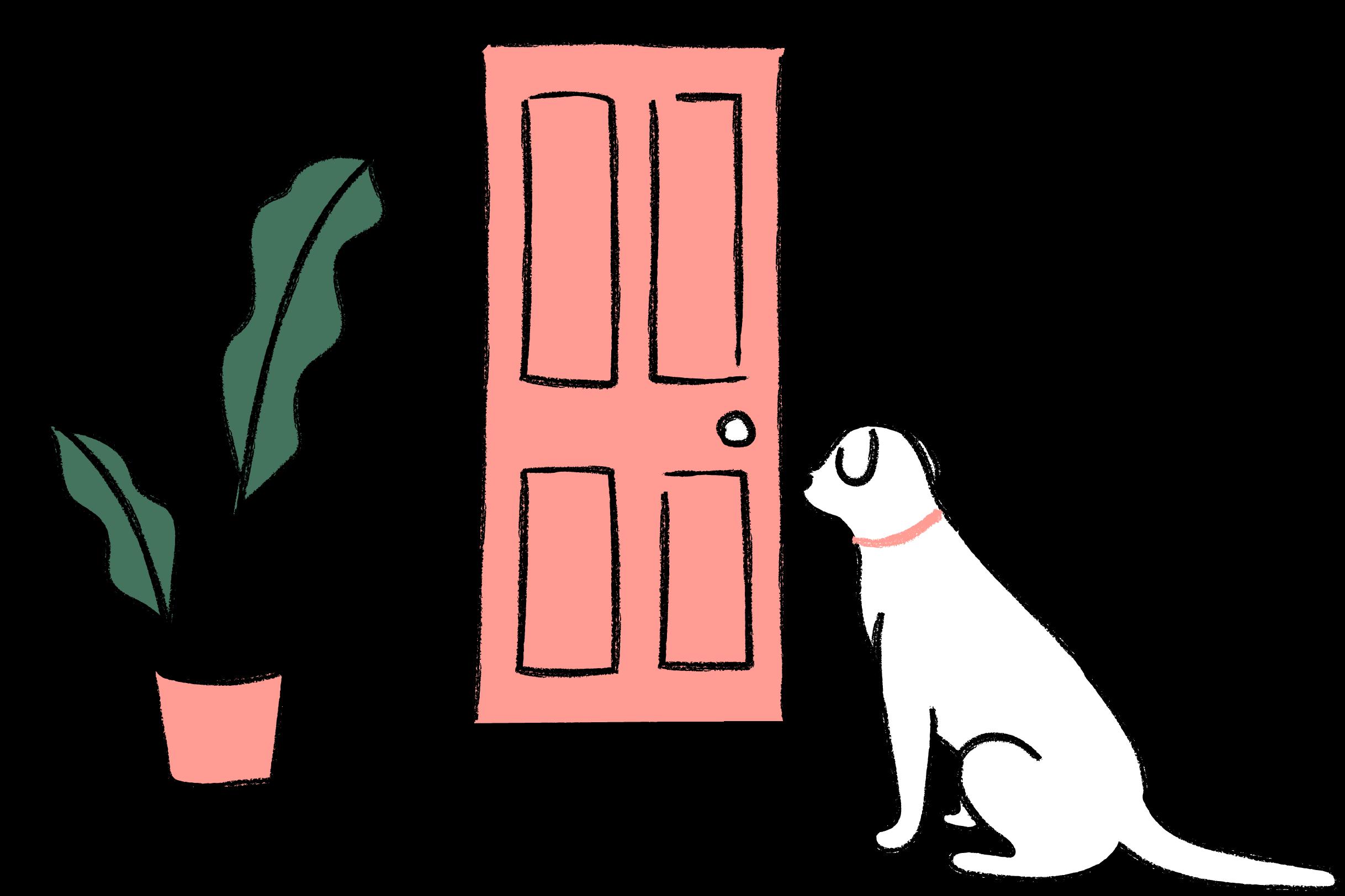 A cartoon illustration of a pink door with a white dog infront