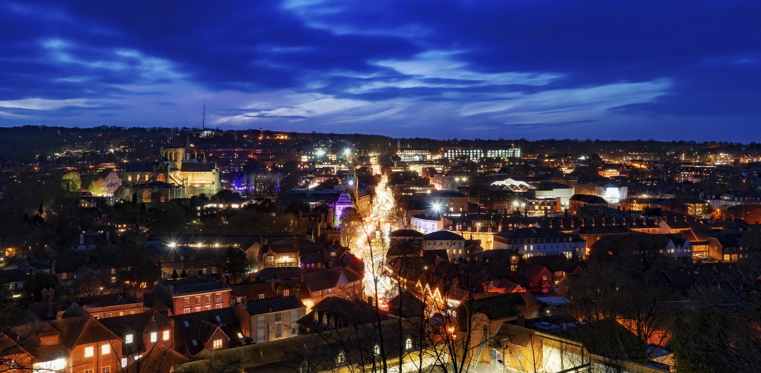 Image of Winchester at night during Christmas season