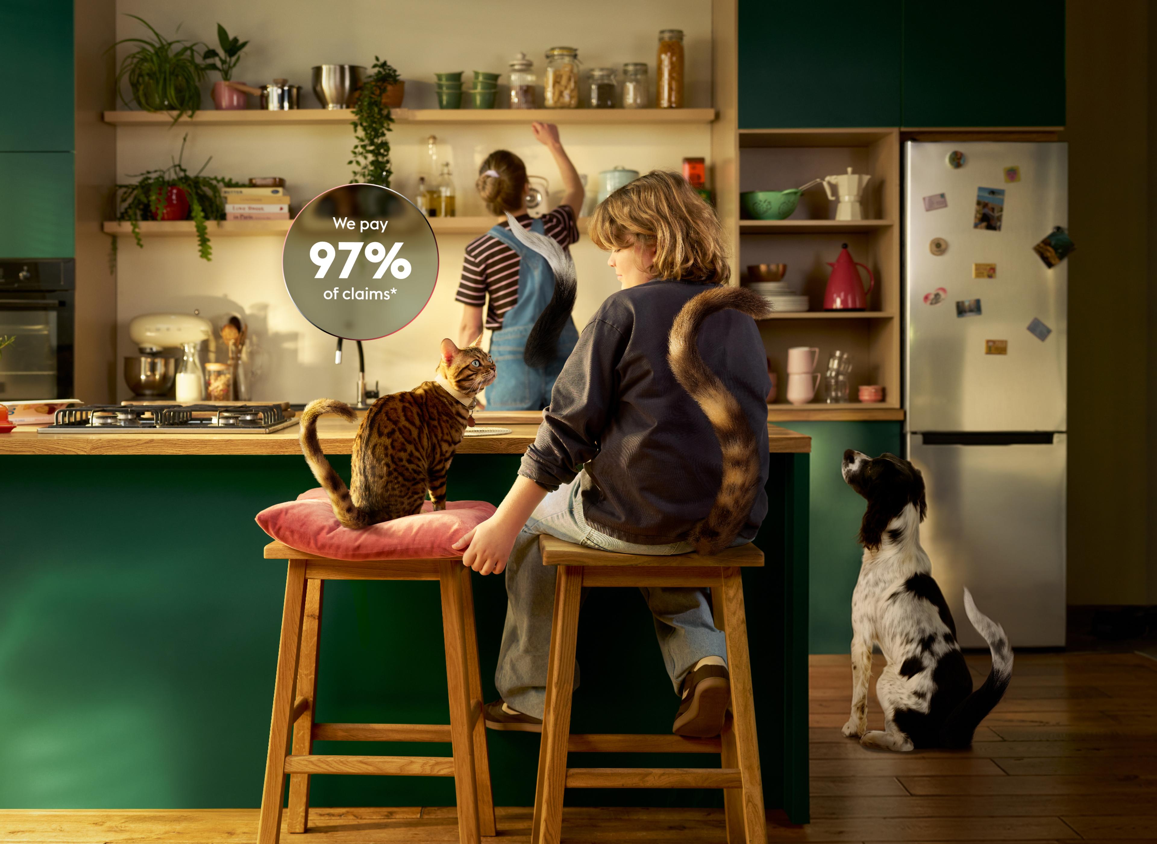 Boy with cat and dog in a kitchen, a woman in the background. A circle highlights "We pay 97% of claims" with a tail graphic extending from it.