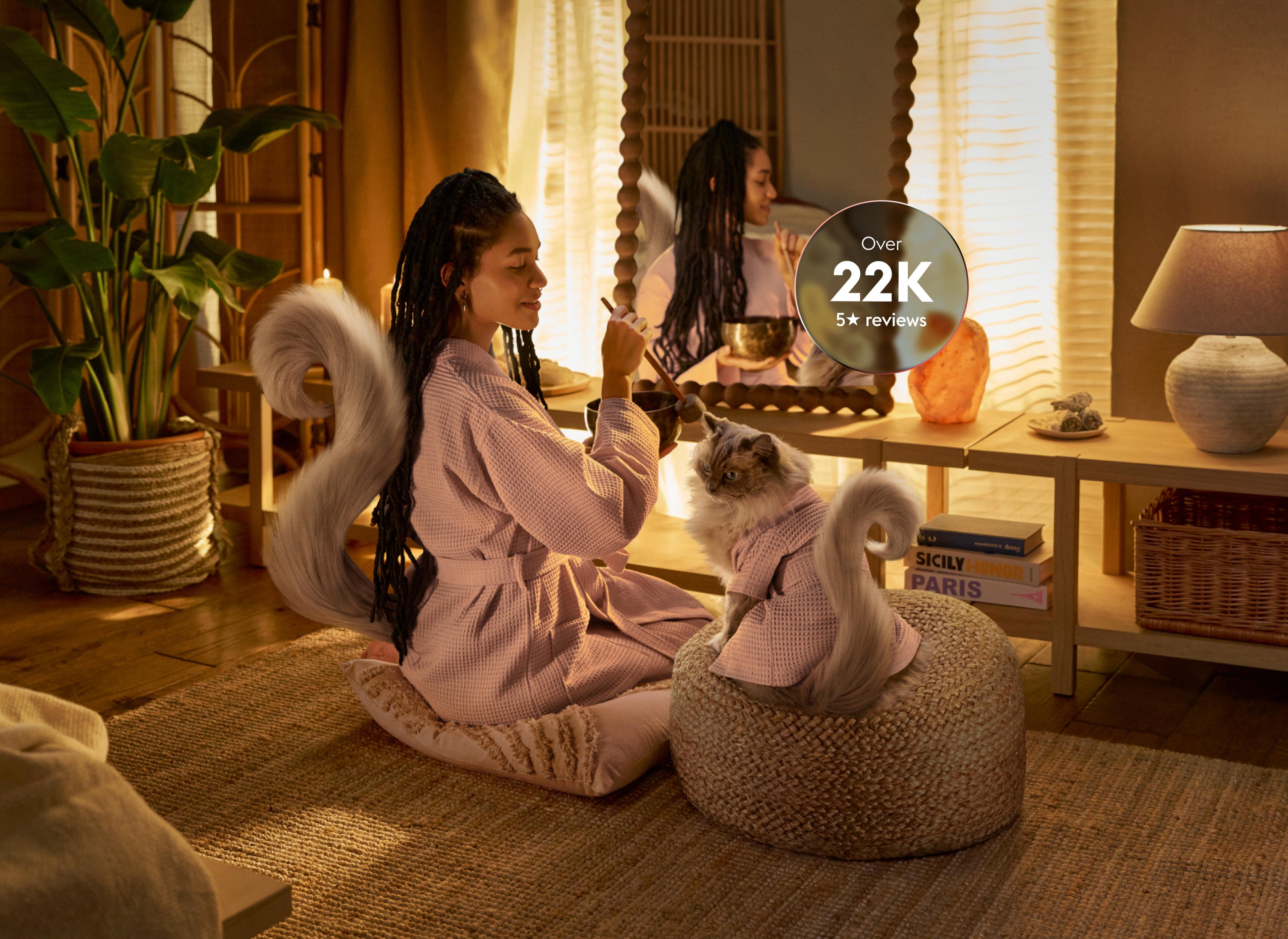 cat sitting next to owner, receiving spa treatment