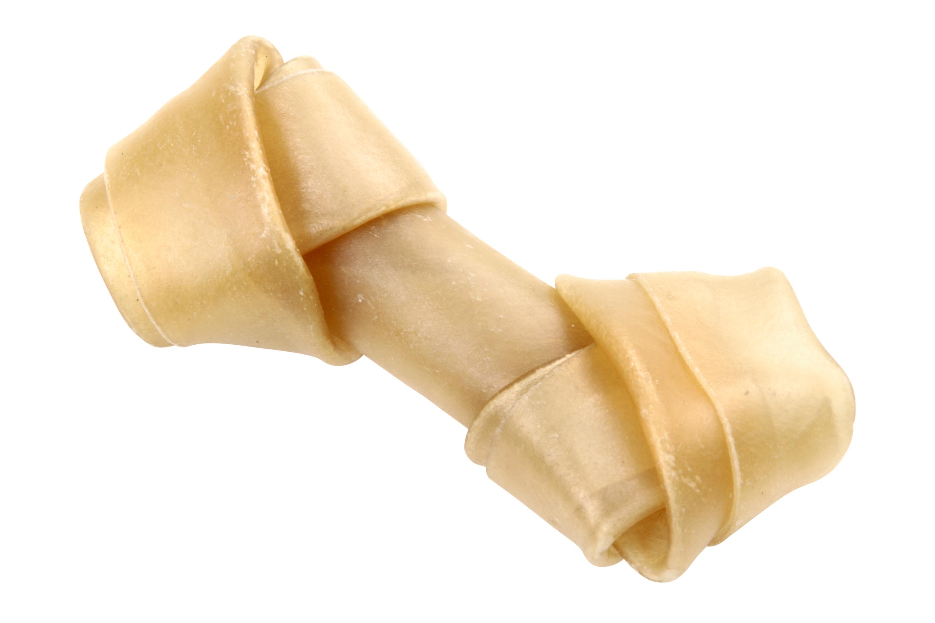 Image of a small rawhide treat on a white background