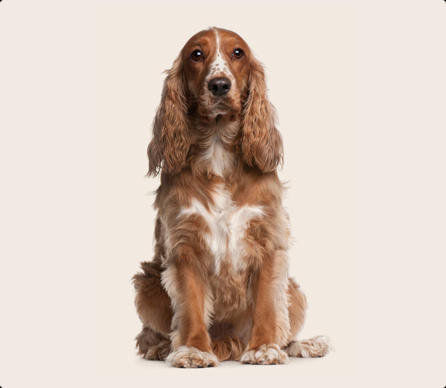 Image of a brown and white cocker spaniel sitting down