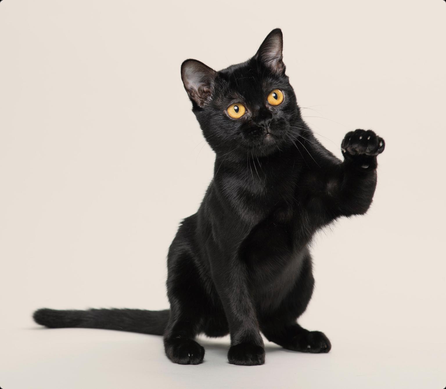 Bombay cat with orange eyes lifting one paw in the air, on a beige background