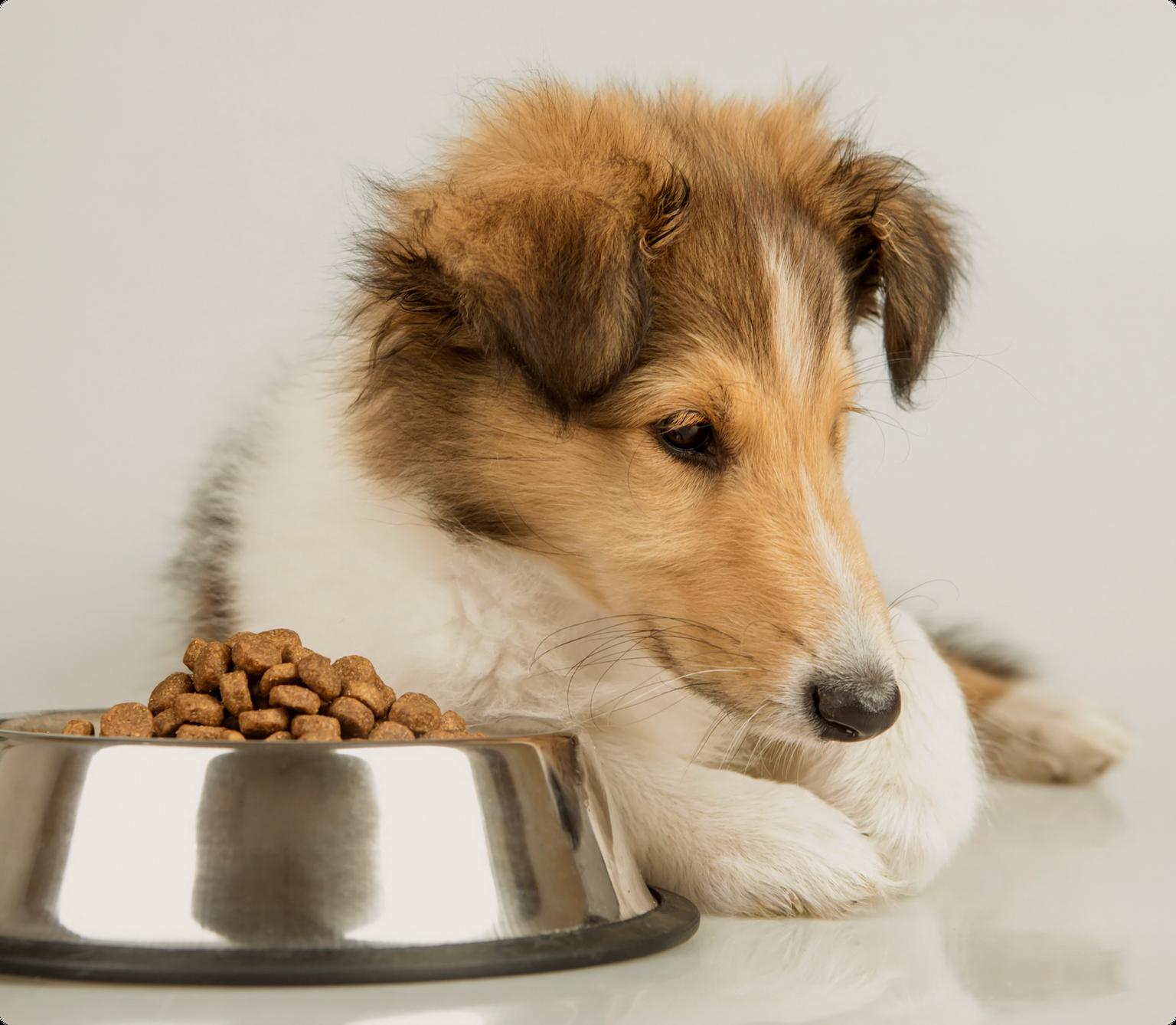 A young Rough Collie puppy lying down next to a stainless steel bowl filled with dog kibble.