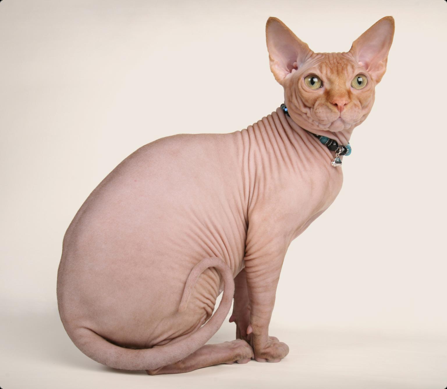 A sphynx cat posing in a cream background
